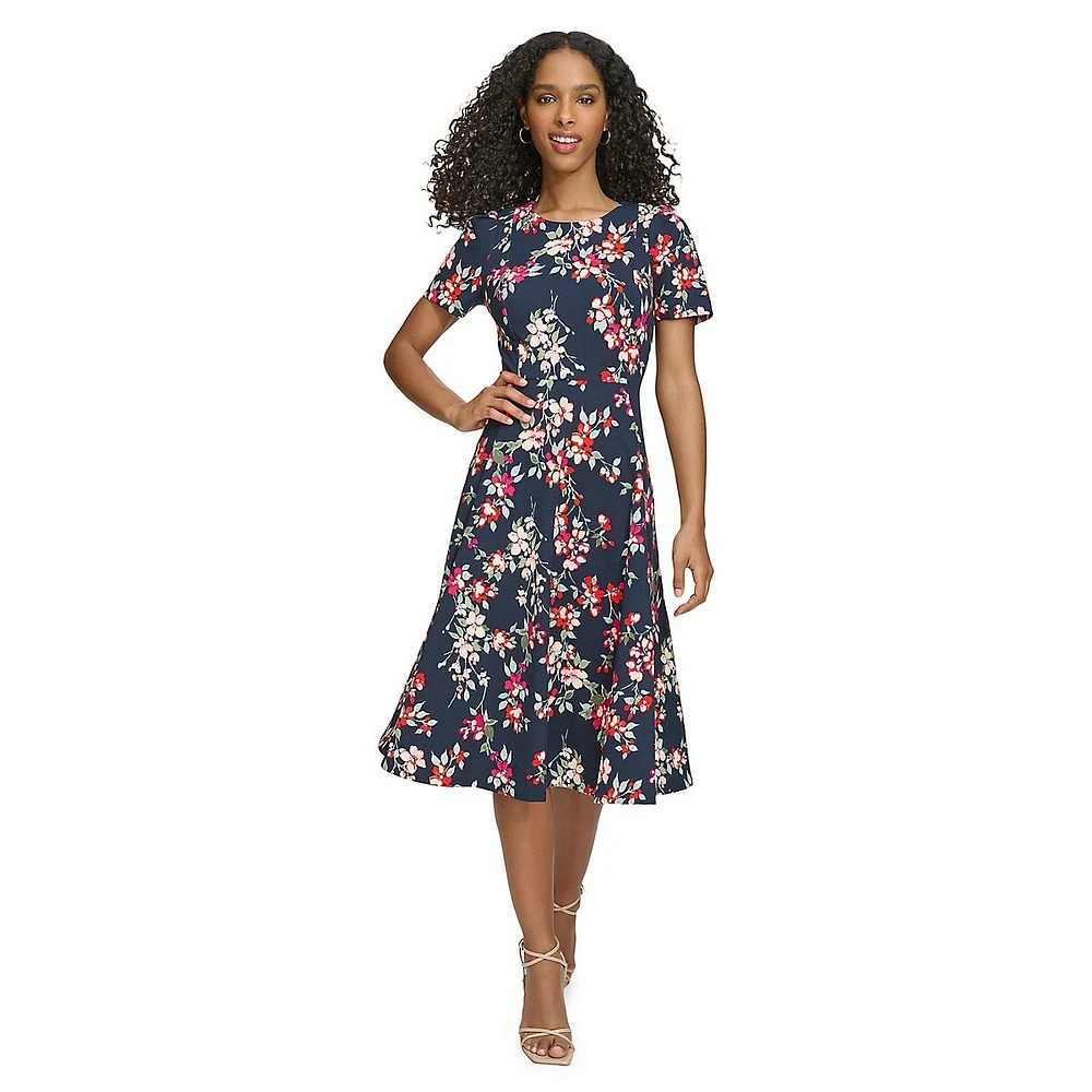 Floral Scuba Crepe Fit-&-Flare Midi Dress