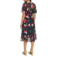 Robe portefeuille fleurie en mousseline à volants