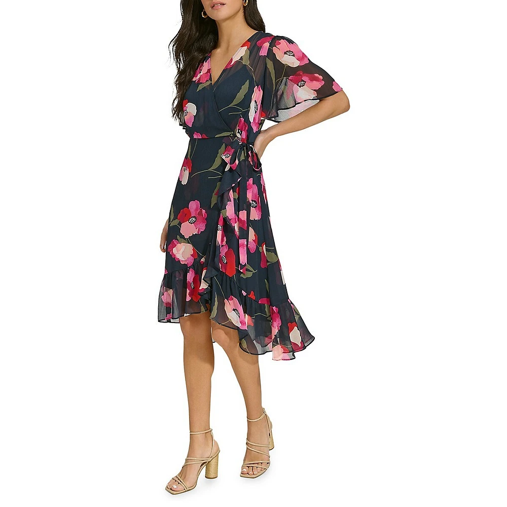 Floral Chiffon Ruffled Wrap Dress