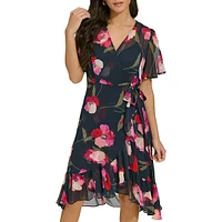 Robe portefeuille fleurie en mousseline à volants