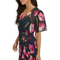 Robe portefeuille fleurie en mousseline à volants