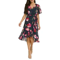 Robe portefeuille fleurie en mousseline à volants
