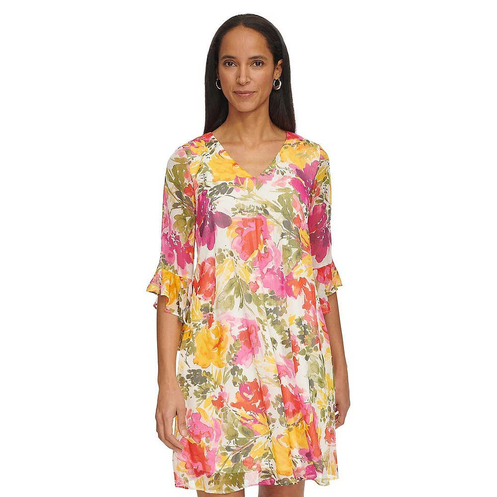 Floral Chiffon Bell-Sleeve Dress