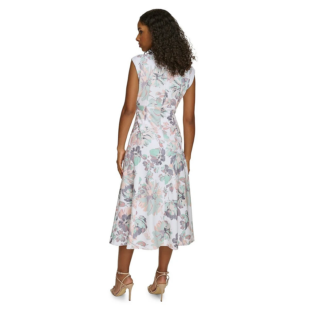 Robe midi trapèze en crêpe scuba fleurie