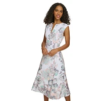 Robe midi trapèze en crêpe scuba fleurie