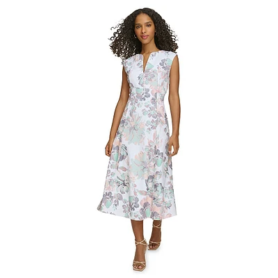 Robe midi trapèze en crêpe scuba fleurie