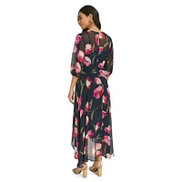 Floral Chiffon Surplice Ruffle Maxi Dress