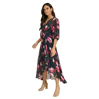 Floral Chiffon Surplice Ruffle Maxi Dress