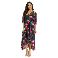 Floral Chiffon Surplice Ruffle Maxi Dress