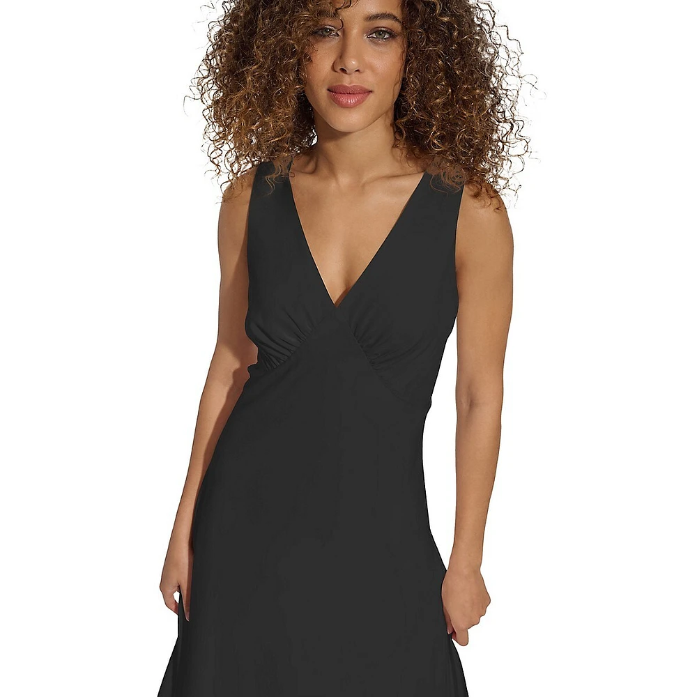 Satin V-Neck A-Line Midi Dress