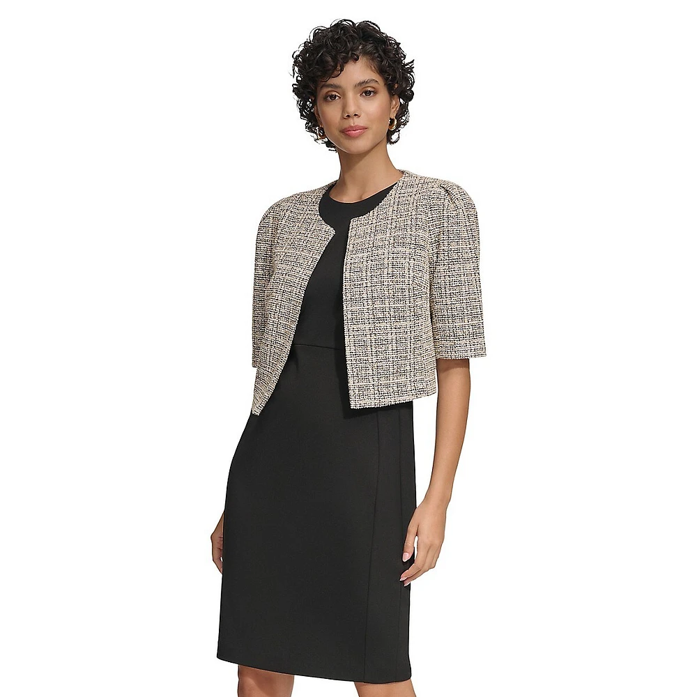 Open-Front Puff-Sleeve Tweed Shrug