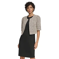 Open-Front Puff-Sleeve Tweed Shrug