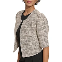 Open-Front Puff-Sleeve Tweed Shrug