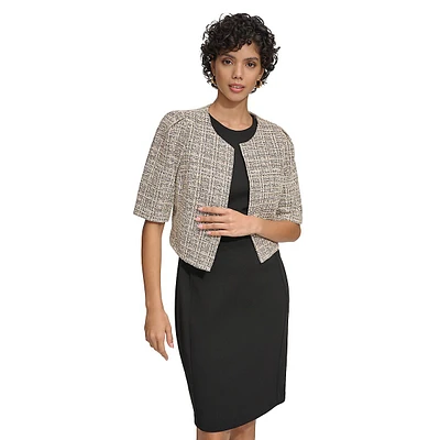 Open-Front Puff-Sleeve Tweed Shrug