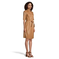 Faux Leather Short-Sleeve Belted Shirt Dress