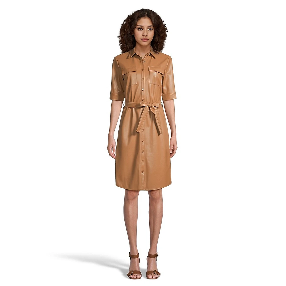 Faux Leather Short-Sleeve Belted Shirt Dress