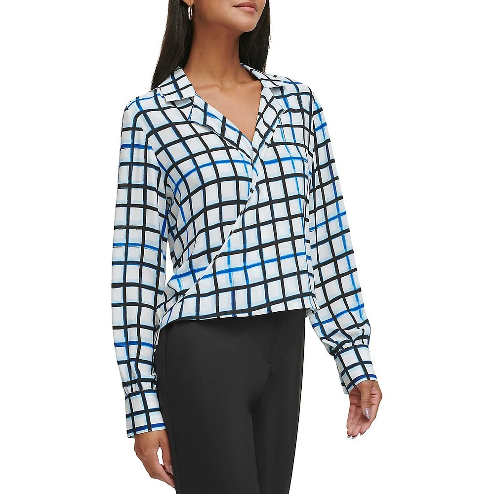 Check Notch-Collar Faux-Wrap Blouse