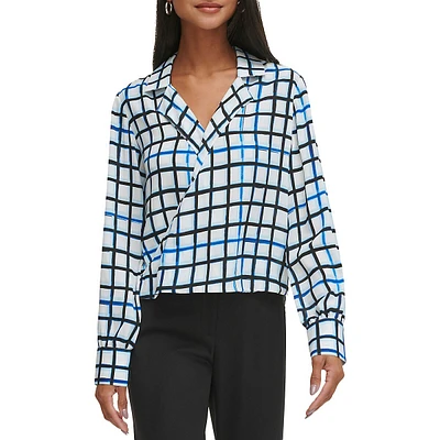 Check Notch-Collar Faux-Wrap Blouse