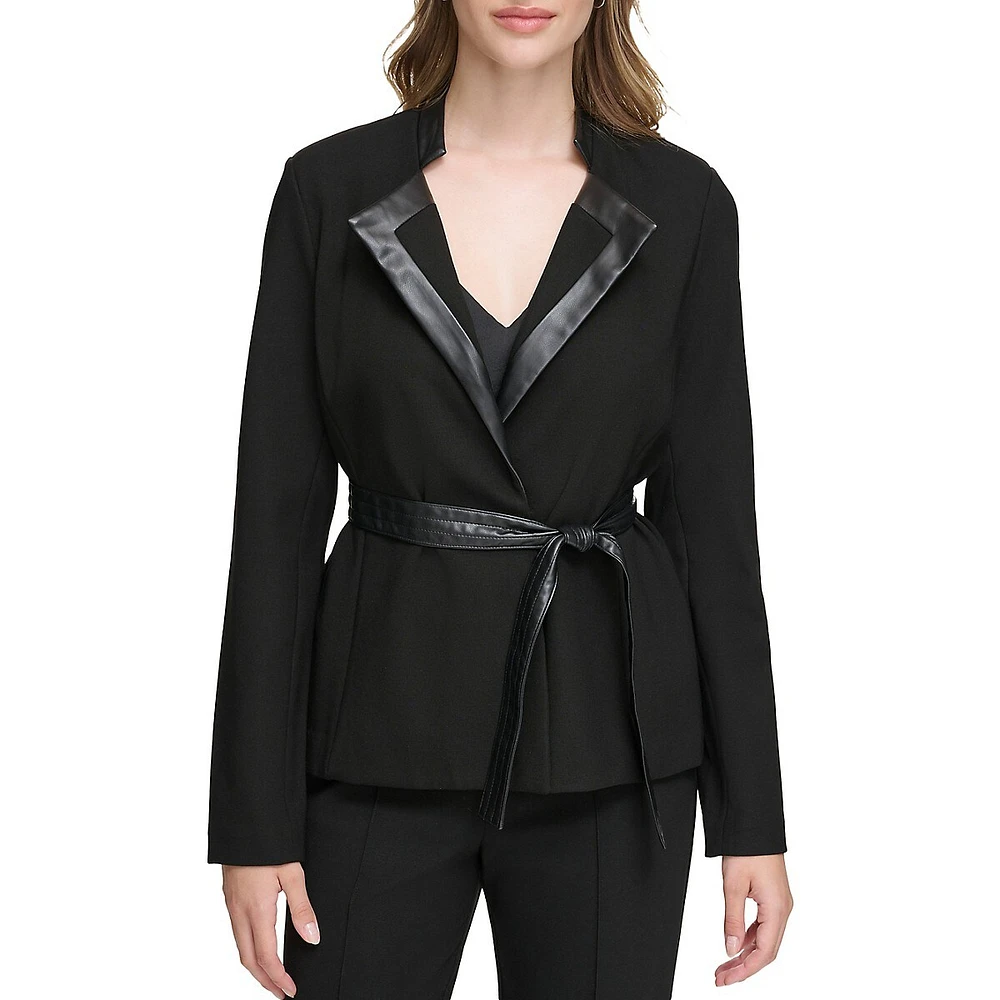 Belted Wrap Contrast-Lapel Jacket