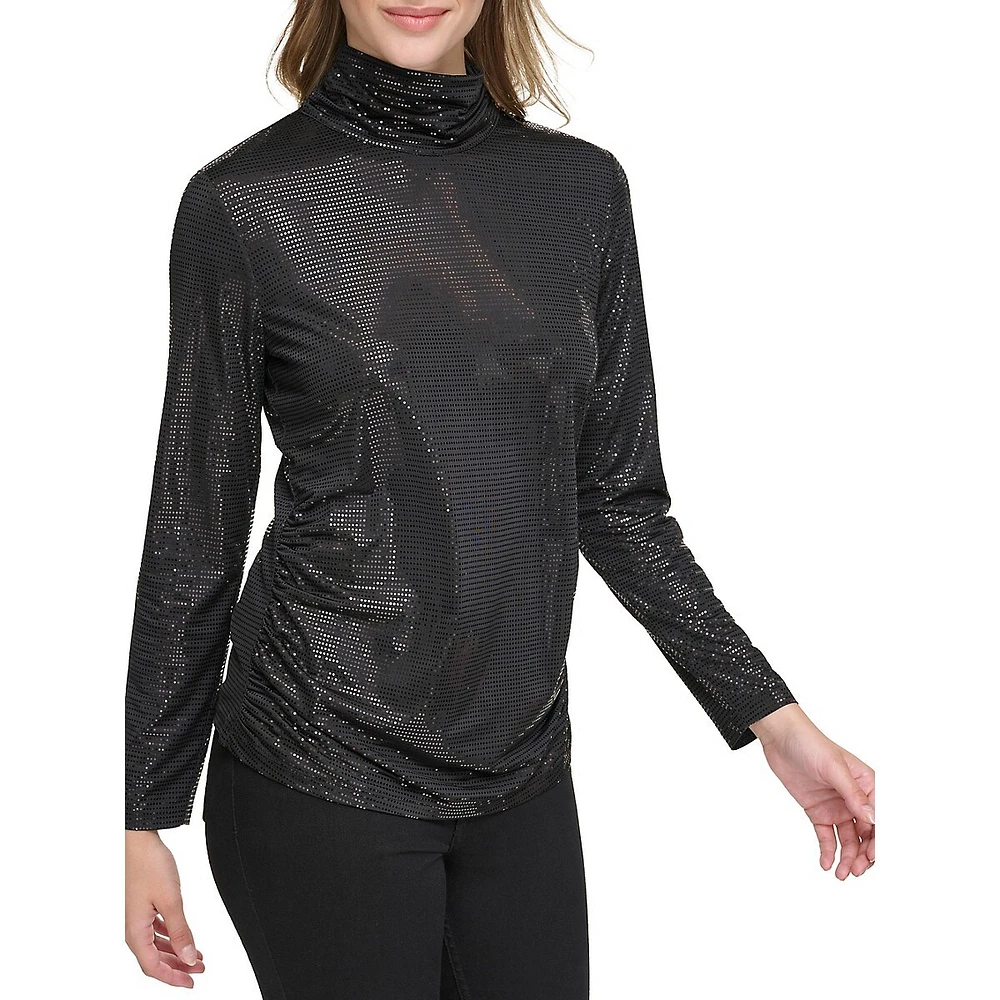 Foil-Knit Ruched Turtleneck Top