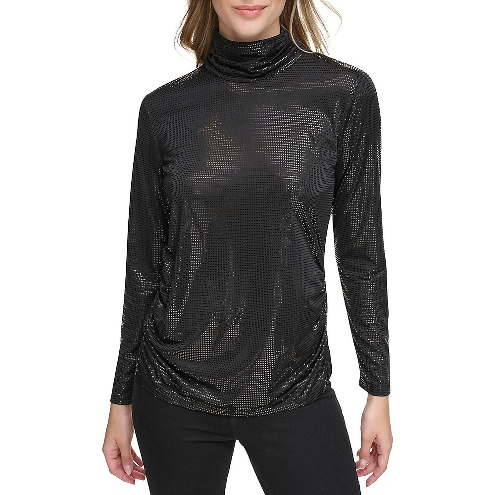 Foil-Knit Ruched Turtleneck Top