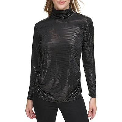 Foil-Knit Ruched Turtleneck Top