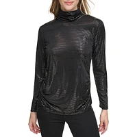 Foil-Knit Ruched Turtleneck Top