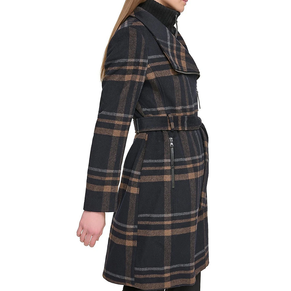 Manteau zippé asymétrique en laine mélangée avec plastron