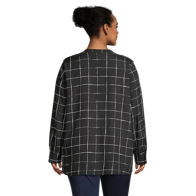 Calvin Klein Plus Grid-Print Roll-Tab Sleeve Blouse