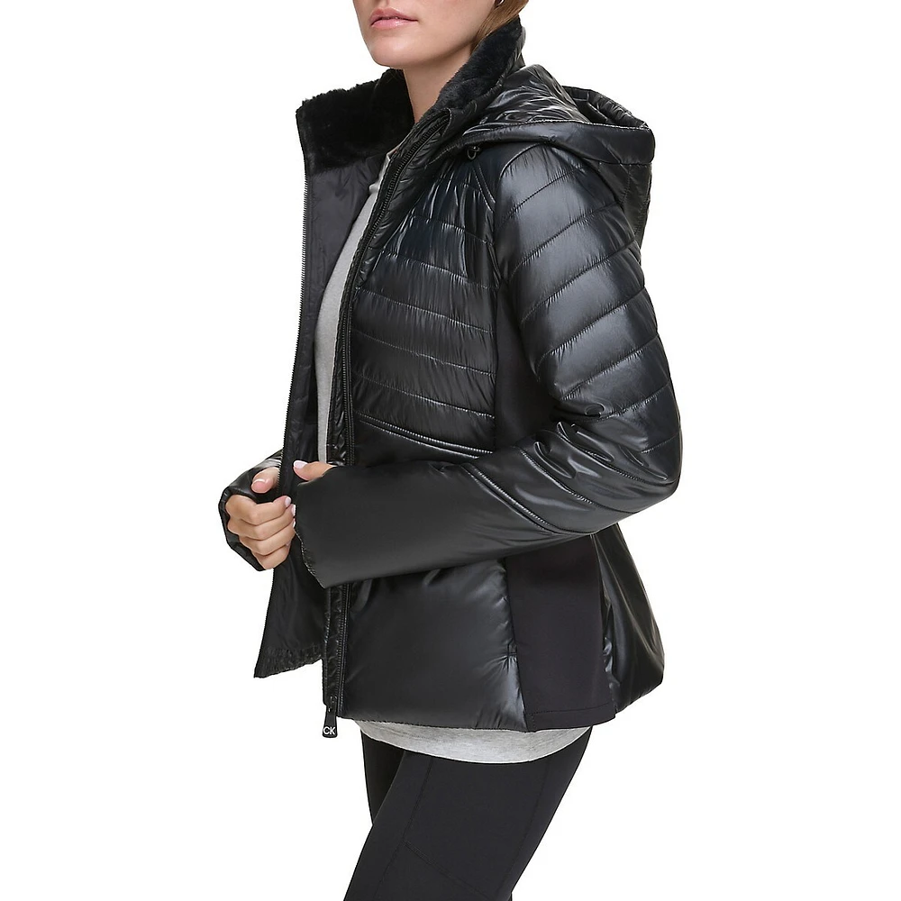 Hooded Puffer Jacket With Scuba Side Panels