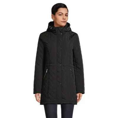 Diamond-Quilted Hooded Walking Coat