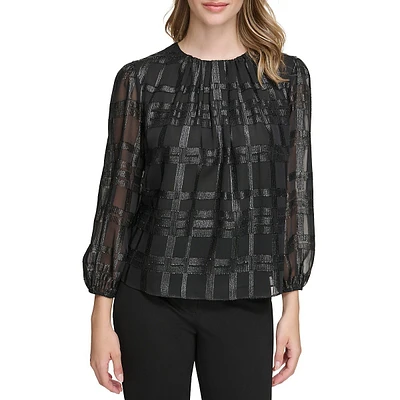 Metallic Windowpane-Check Balloon-Sleeve Top