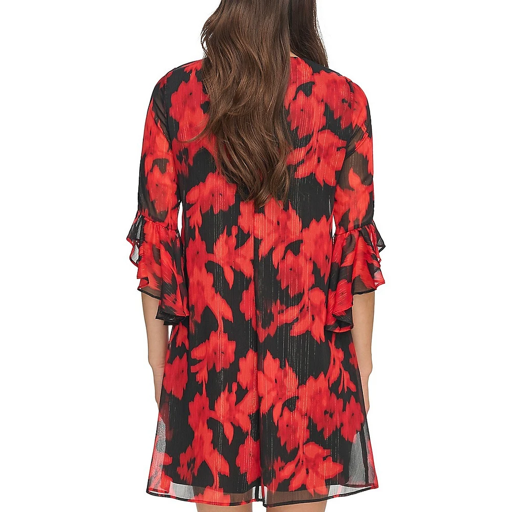 Printed Chiffon Bell-Sleeve Dress