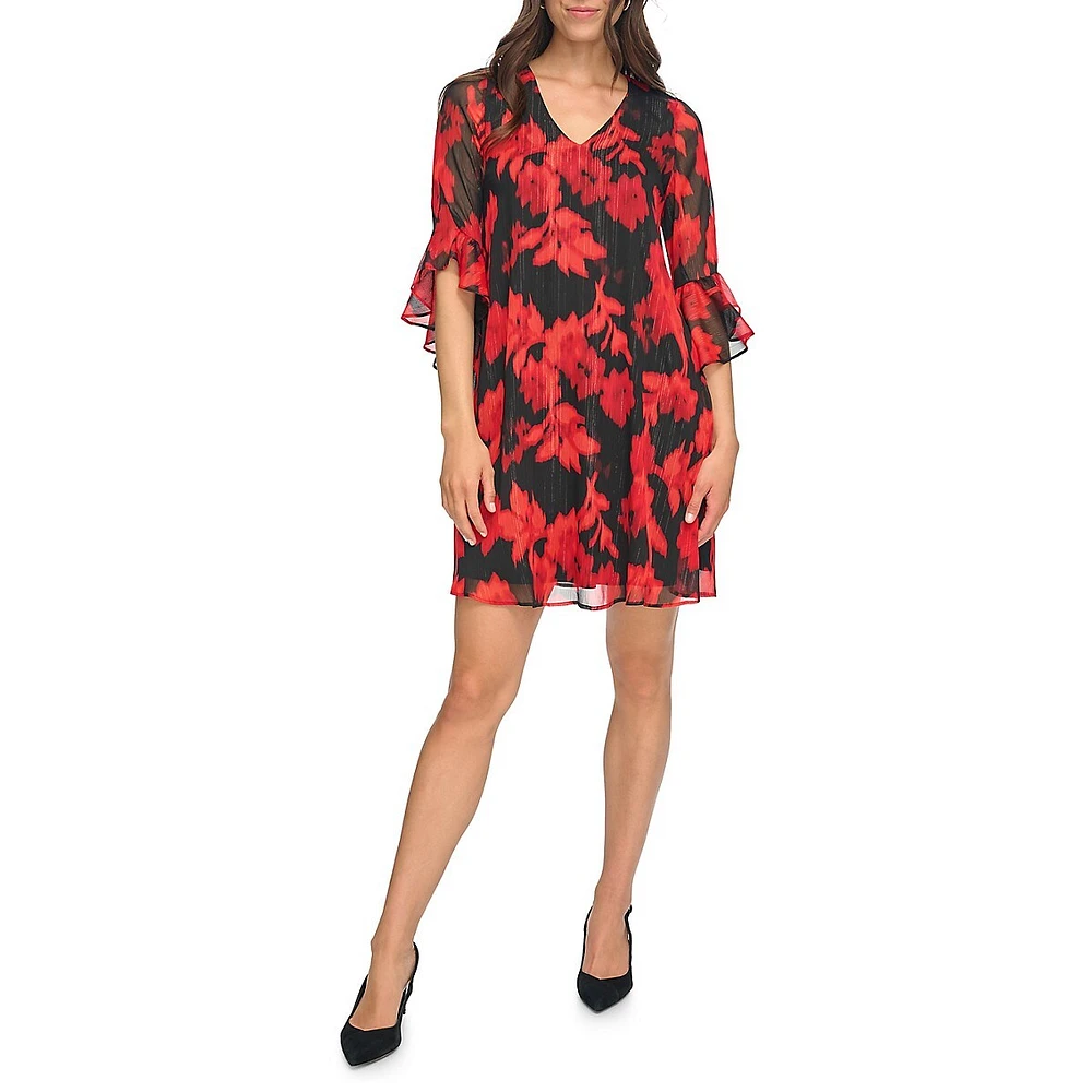 Printed Chiffon Bell-Sleeve Dress