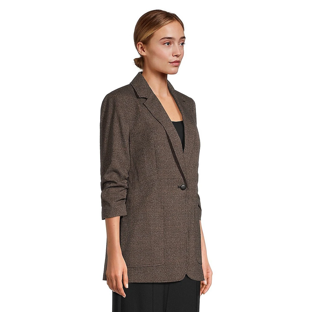 Ruched-Sleeve Tonal Check Blazer