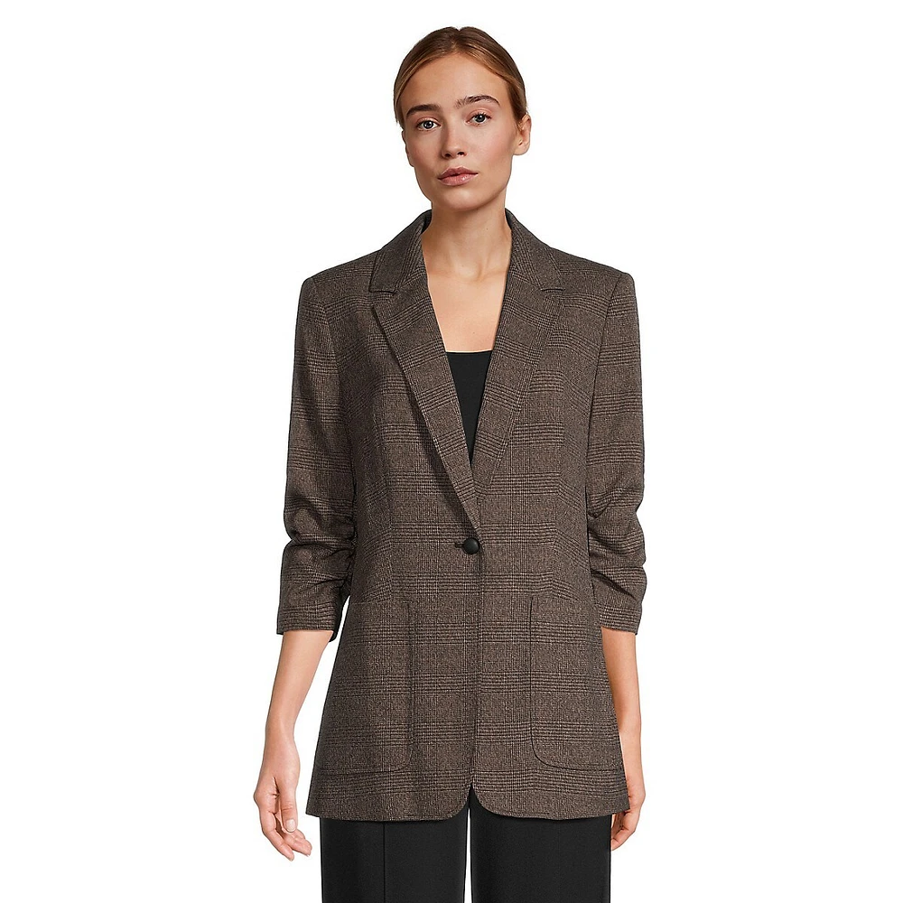 Ruched-Sleeve Tonal Check Blazer