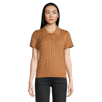 Cable-Knit Short-Sleeve Polo Sweater