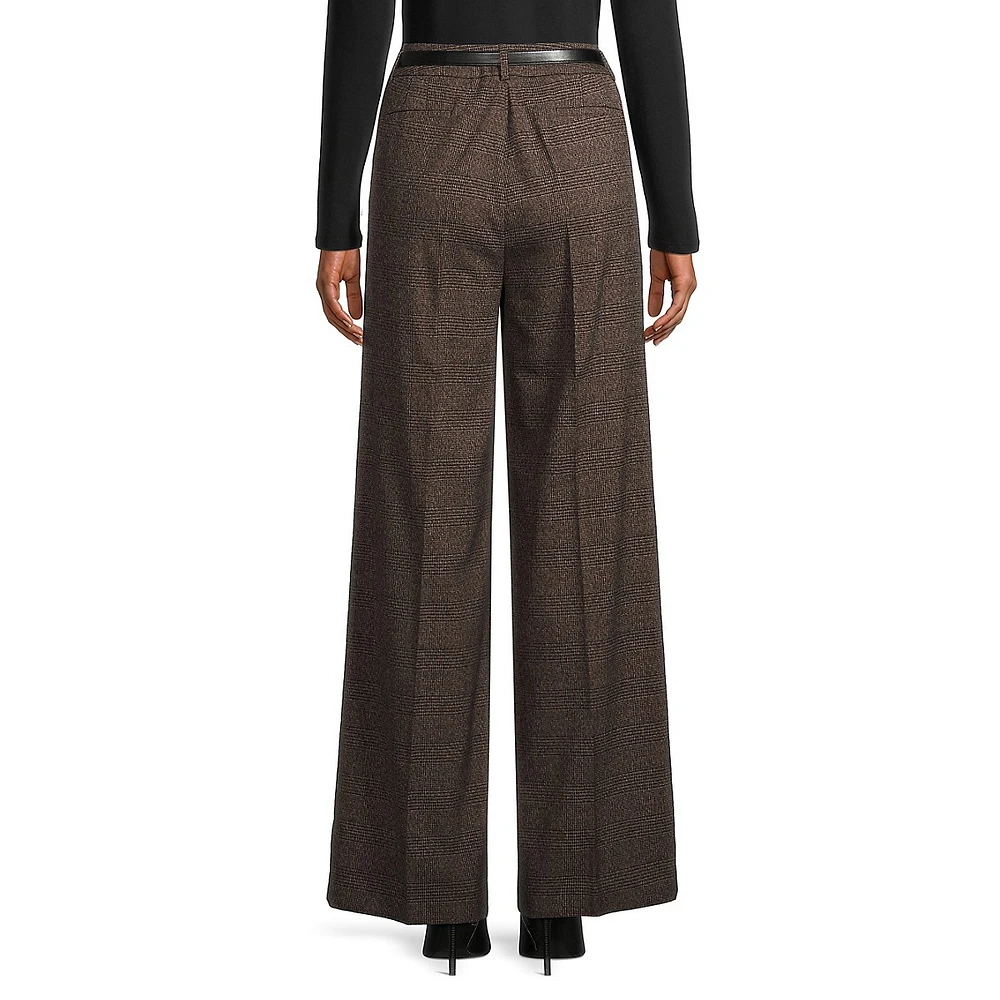 Belted Wide-Leg Glen Plaid Pants