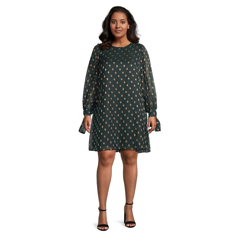 Plus Print Tie-Blouson-Sleeve A-Line Shift Dress