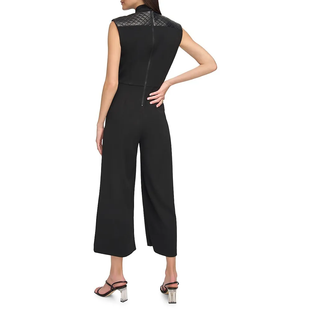 Quilted Faux Leather and Scuba Crepe Cropped Jumpsuit