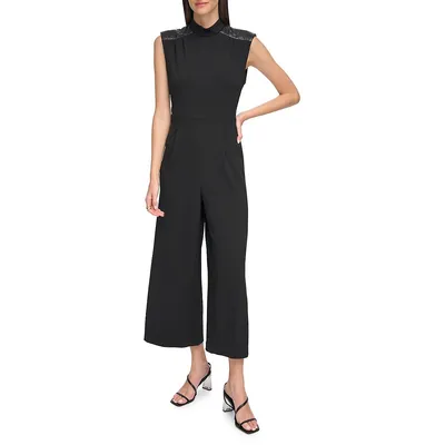 Quilted Faux Leather and Scuba Crepe Cropped Jumpsuit