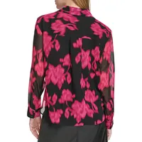 Printed Mesh-Sleeve Faux Wrap Blouse