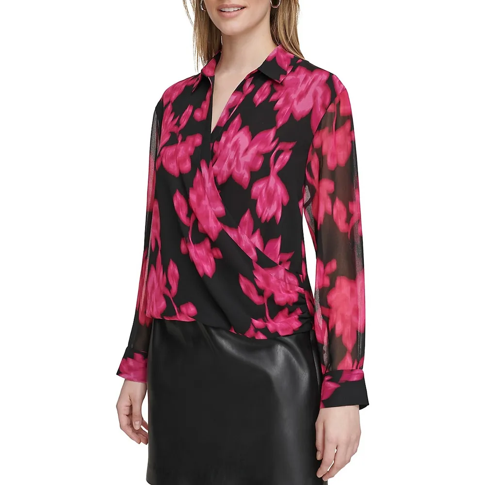 Printed Mesh-Sleeve Faux Wrap Blouse