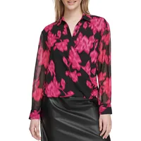 Printed Mesh-Sleeve Faux Wrap Blouse