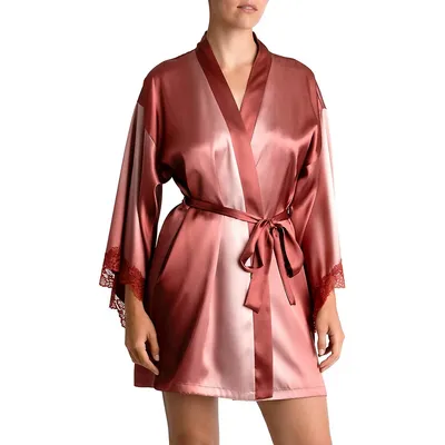 Madelyn Lace-Trim Satin Wrapper Robe