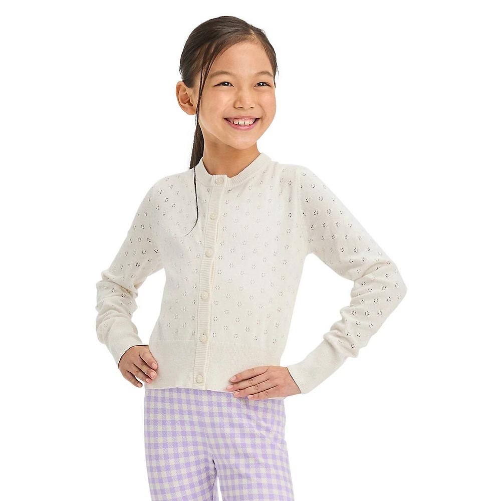 Girl's Pointelle Button-Front Cardigan