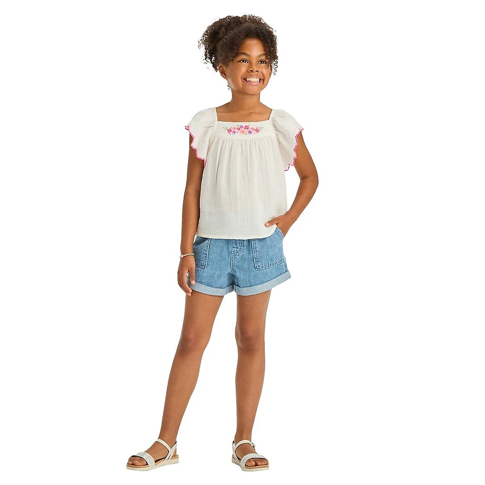 Girl's Ruffle-Sleeve Woven Embroidered Top