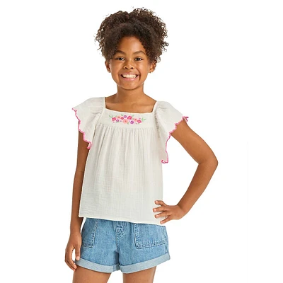Girl's Ruffle-Sleeve Woven Embroidered Top