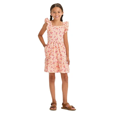 Girl's Flutter-Sleeve Floral Woven Dress