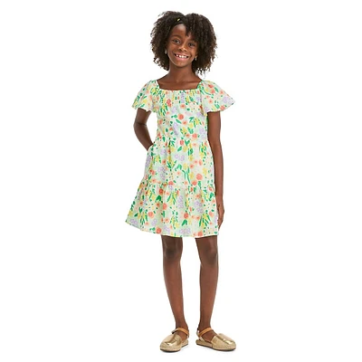 Girl's Floral-Print Flutter-Sleeve Dress